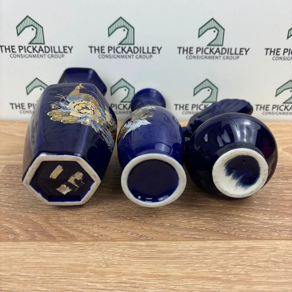 Vintage Cobalt Blue Gold Peacock Porcelain Bud Vase Set 3 Chinoiserie Floral